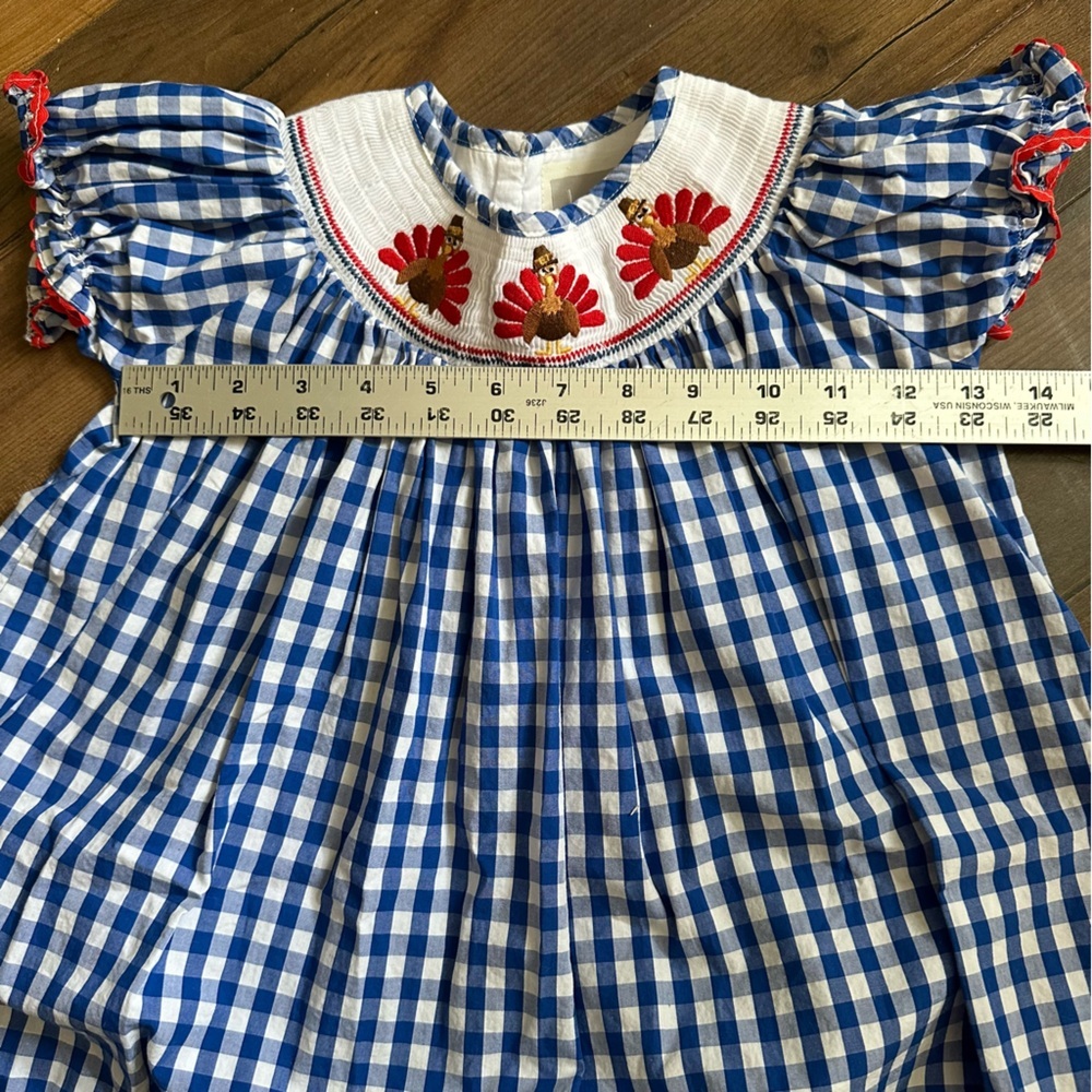 Lil Cactus | Girl Blue Check Turkey Smocked Dress | 4T - Picture 6 of 10